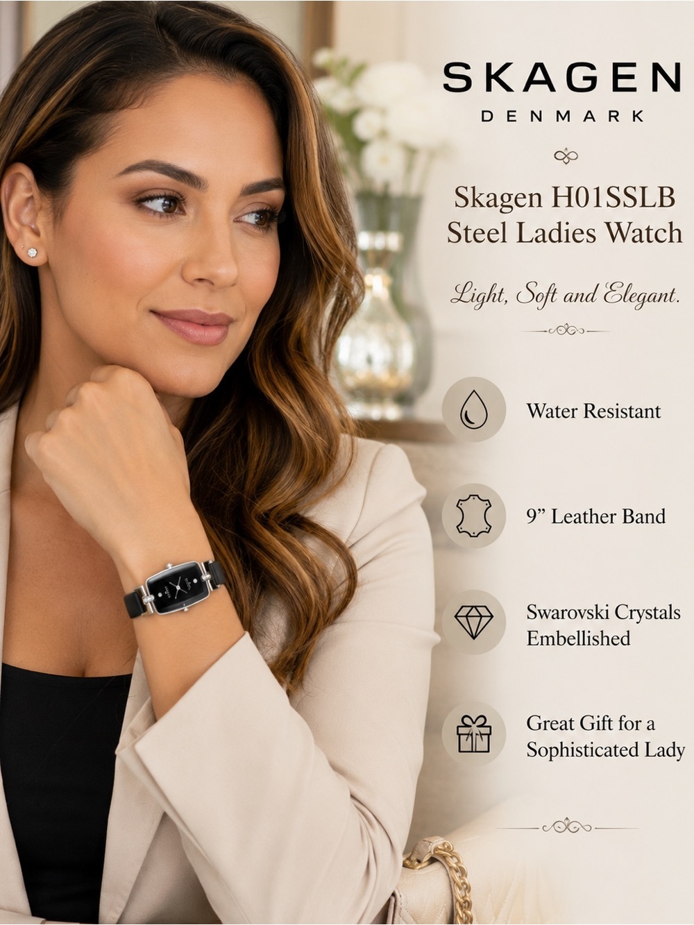 Skagen H01SSLB Steel Ladies Watch. Black leather band.